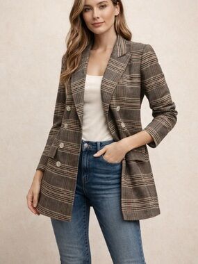Plaid Double Breasted Blazer WomenXS Brown Orange Preppy Work Office Chic Jacket
